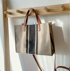 Striped Canvas Tote Bag for Women, Faux Leather Reinforced Handles, Large Boho Beach Bag and Everyday Carryall
