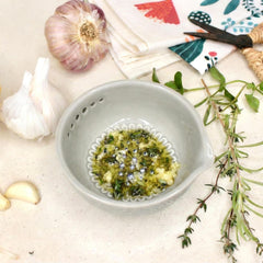 Ceramic Garlic Grater Bowl with Built-in Herb Stripper, Small Dipping Dish for Ginger and Herbs