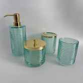 Turquoise Green Glass Bathroom Accessories Set - 4 Piece Seafoam Ribbed Glass Bath Decor, Includes Soap Dispenser & Toothbrush Holder, Coastal Style Vanity Set