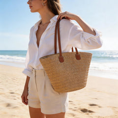Handmade Raffia Tote Bag with PU Leather Handles, Large Summer Straw Handbag for Women, Woven Beach Purse