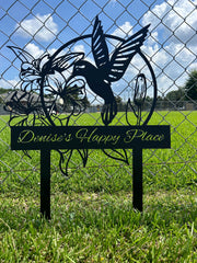 Custom Hummingbird Metal Garden Stake, Personalized Flower Design Family Name Sign, Laser-Cut Steel Outdoor Yard Decor